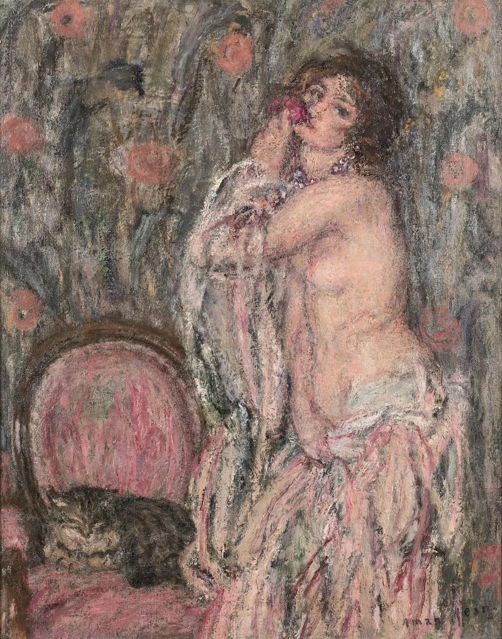 Nudo con rosa e gatto in un interno